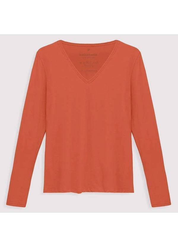 Basicamente - Camiseta Básica Manga Longa Gola V Feminina Laranja Coral