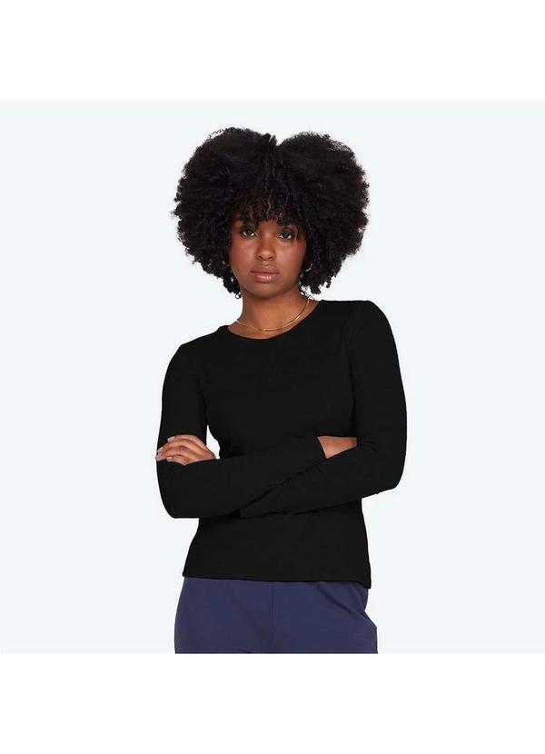Basicamente - Camiseta Canelada Manga Longa Feminina Preto