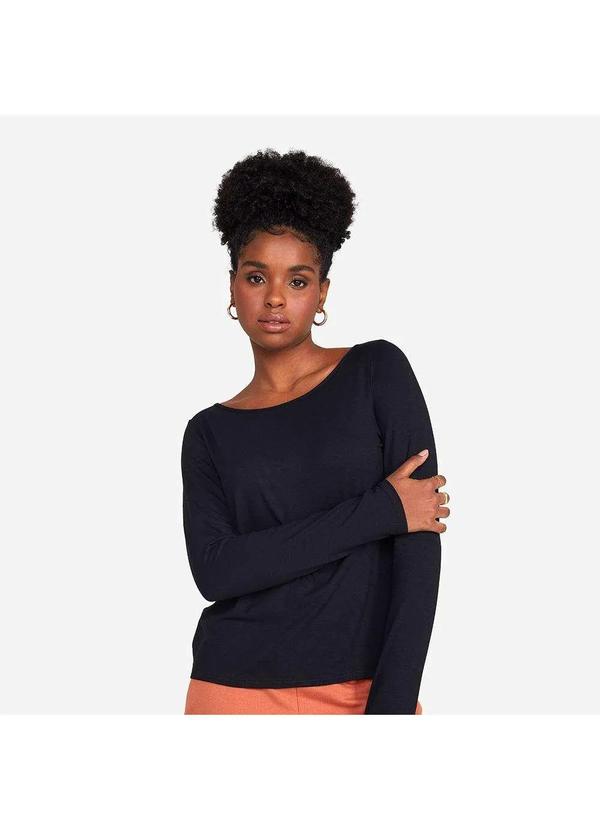 Basicamente - Camiseta Manga Longa Gola Canoa Feminina Preto