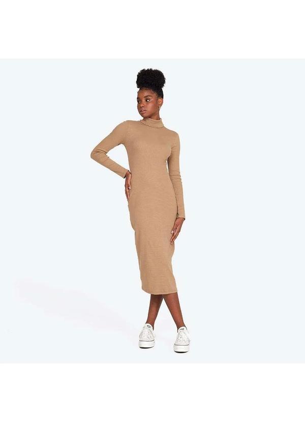 Basicamente - Vestido Midi Ribana Gola Rolê Bege Pastel