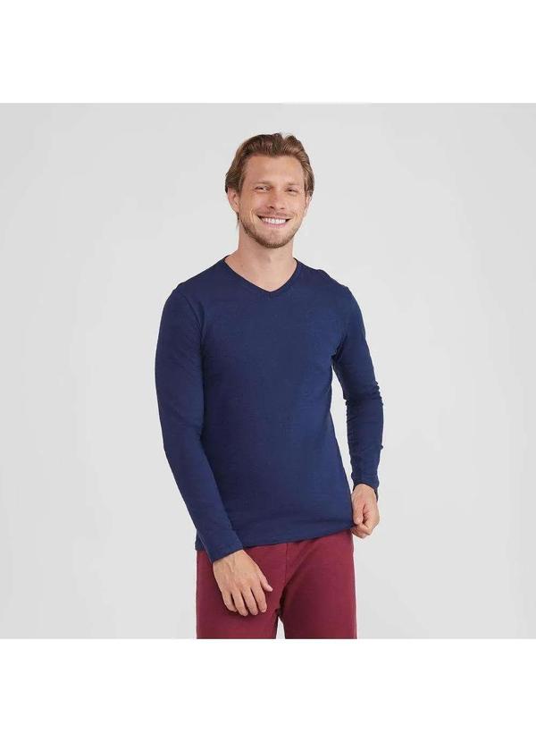 Basicamente - Camiseta Básica Gola V Manga Longa Masculina Azul Marinho