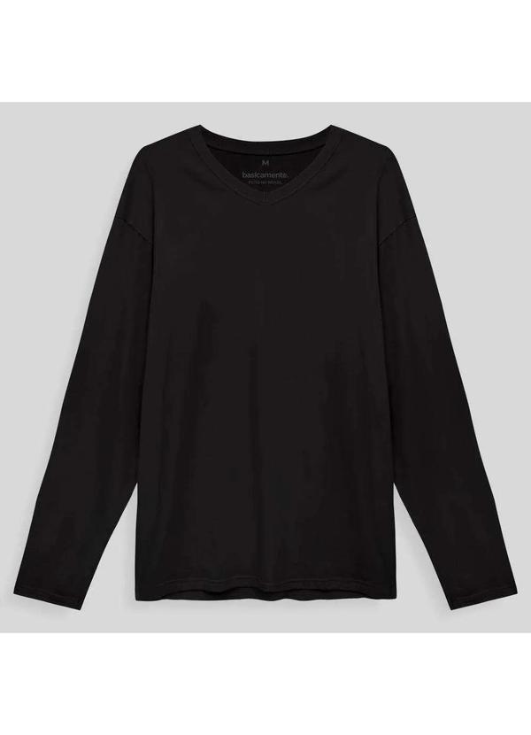 Basicamente - Camiseta Básica Gola V Manga Longa Masculina Preto 2