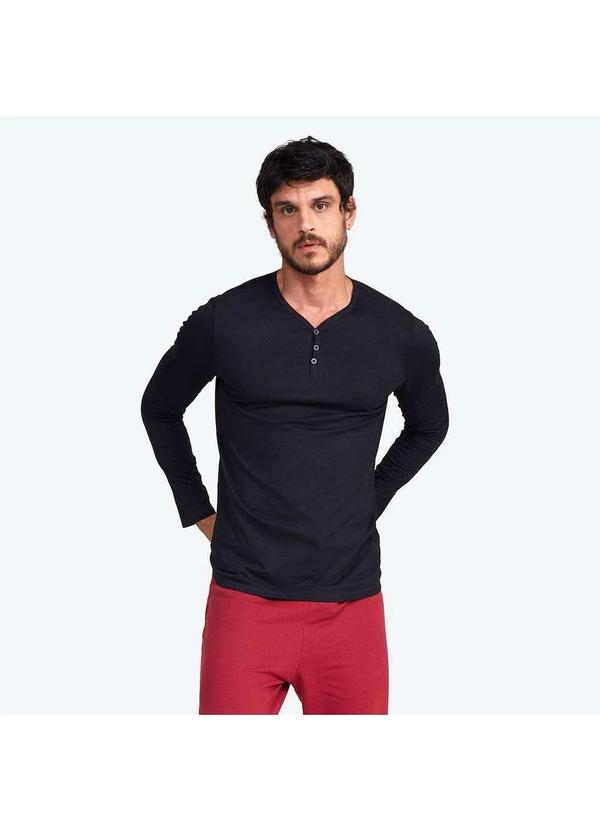 Basicamente - Camiseta Henley Manga Longa Masculina Preto