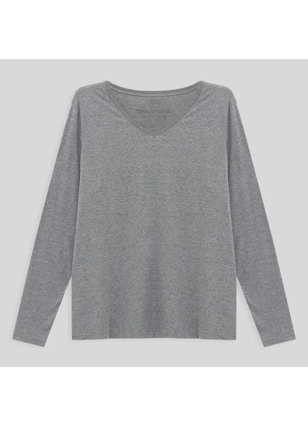 Basicamente - Camiseta Algodão Premium Manga Longa V Plus Size Feminina Mescla Claro