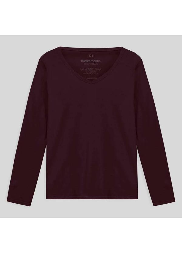Basicamente - Camiseta Babylook Algodão Premium Gola V Manga Longa Plus Size Vermelho Vinho 1