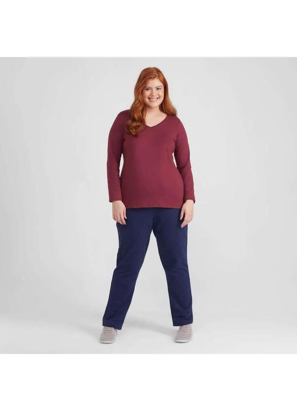 Basicamente - Camiseta Babylook Algodão Premium Gola V Manga Longa Plus Size Vermelho Vinho 4