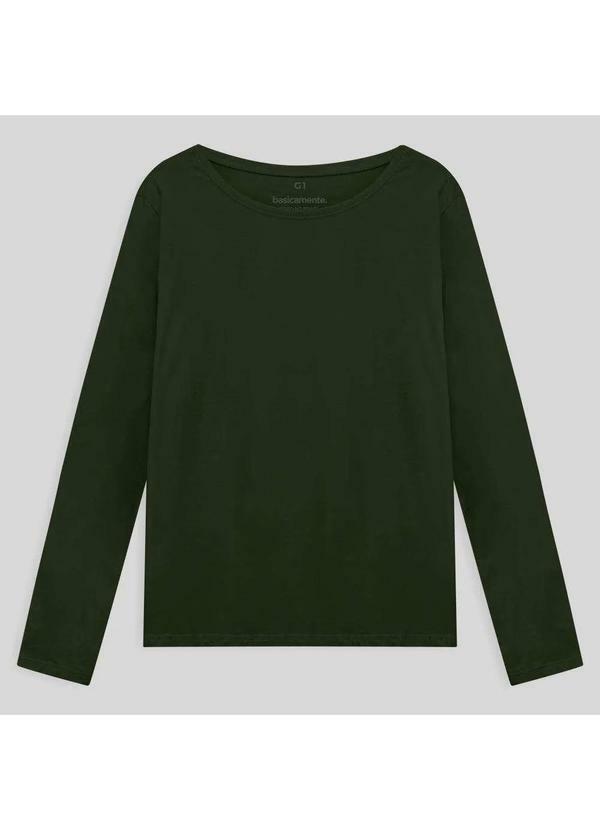 Basicamente - Camiseta Básica Manga Longa Plus Size Feminina Verde Selva