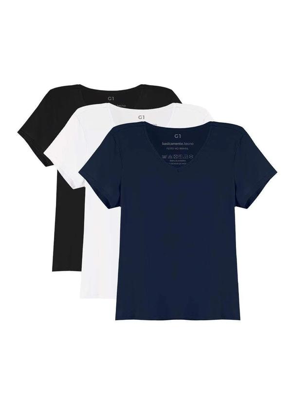 Basicamente - Kit 3 Tech T-Shirt Modal Gola V Plus Size Feminina Branco Preto Azul Marinho