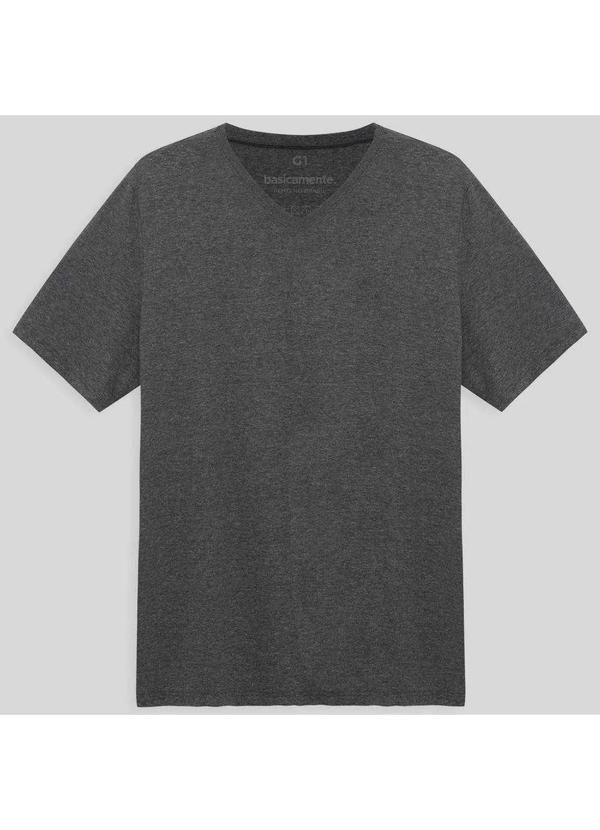 Basicamente - Camiseta Básica Gola V Plus Size Masculina Mescla Escuro