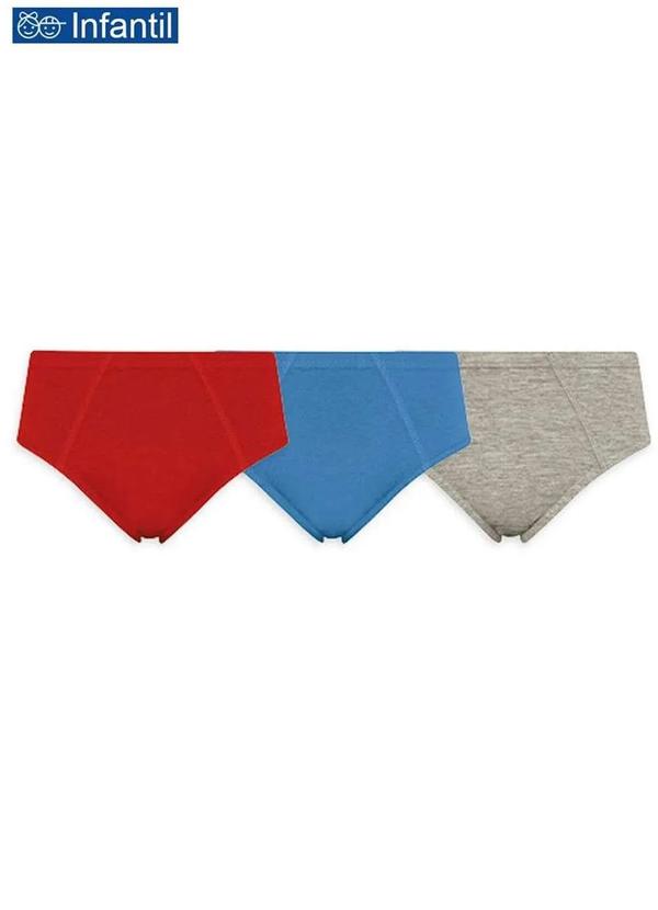Selene - Kit com 3 Cuecas Selene Slip 11950-001 Infantil 999-Vermelho/Royal/Cinza-Mescla