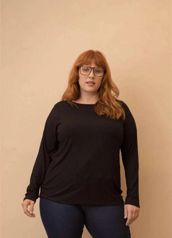 Wee! - Blusa Canelada Manga Longa Plus Size Preto 5