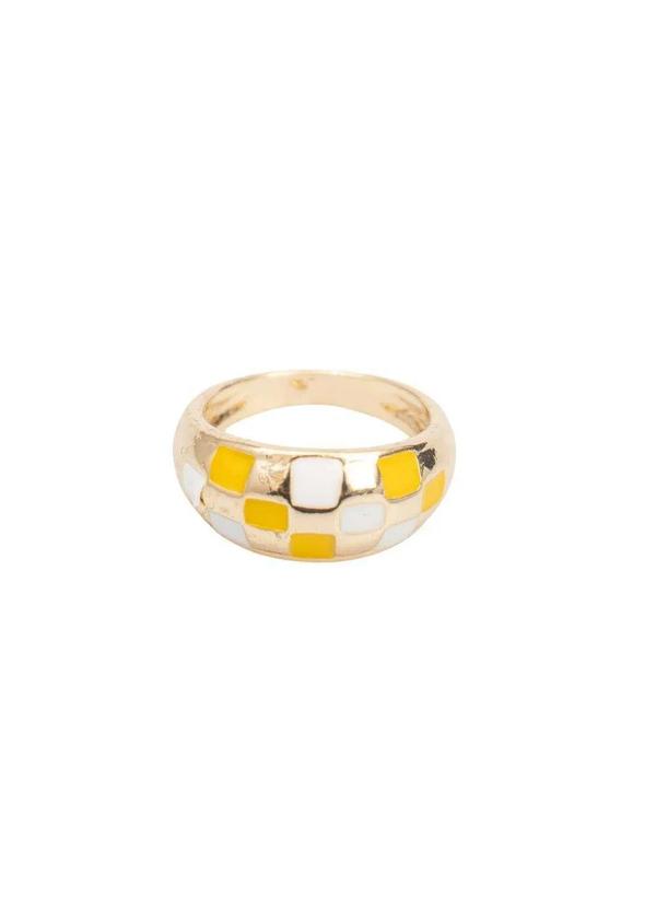 Fashion Biju - Anel Xadrez Colorido Amarelo Dourado