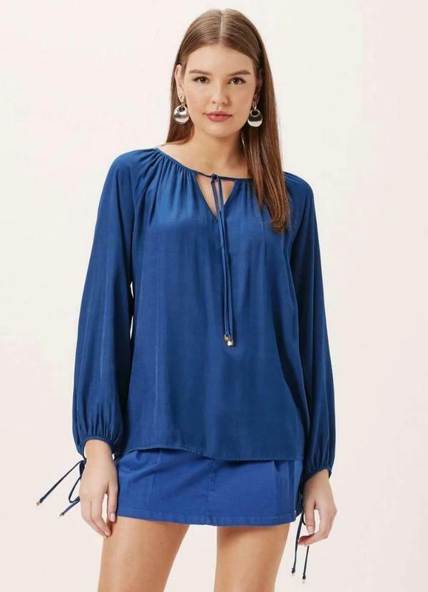 Dimy - Blusa Manga Longa com Amarracoes Tecido Plano Feminino Dimy Azul