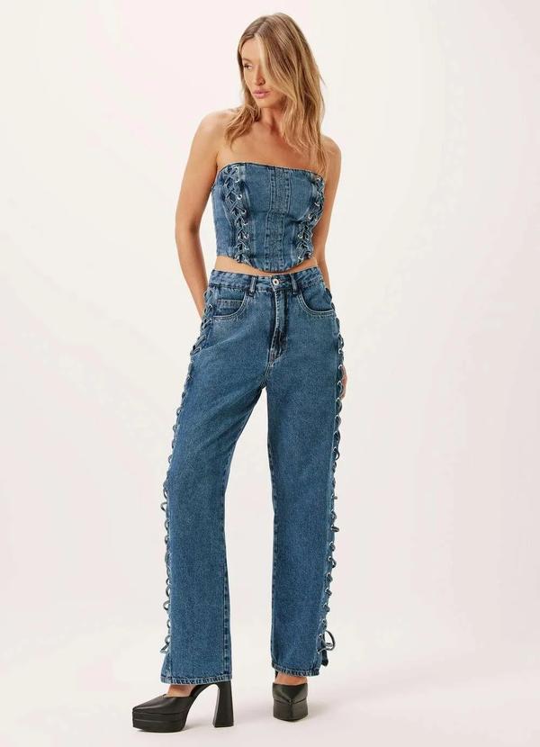 Dimy - Calca Zendaya Cintura Baixa com Amarracao Jeans Feminino Dimy Azul