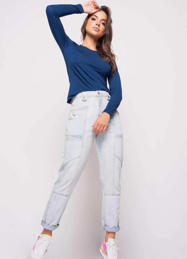Salvatore Fashion - Blusa Básica Manga Longa e Gola Redonda Malha Fashion Azul