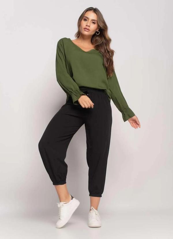 Salvatore Fashion - Blusa Gola V Manga Babado Viscolinho Verde