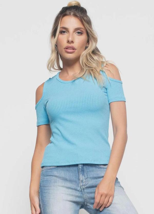 Salvatore Fashion - Blusa Ombro Vazado Manga Curta Canelado Fashion Azul