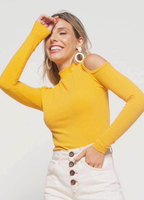 Salvatore Fashion - Blusa Ombro Vazado Manga Longa Canelada Fashion Amarelo