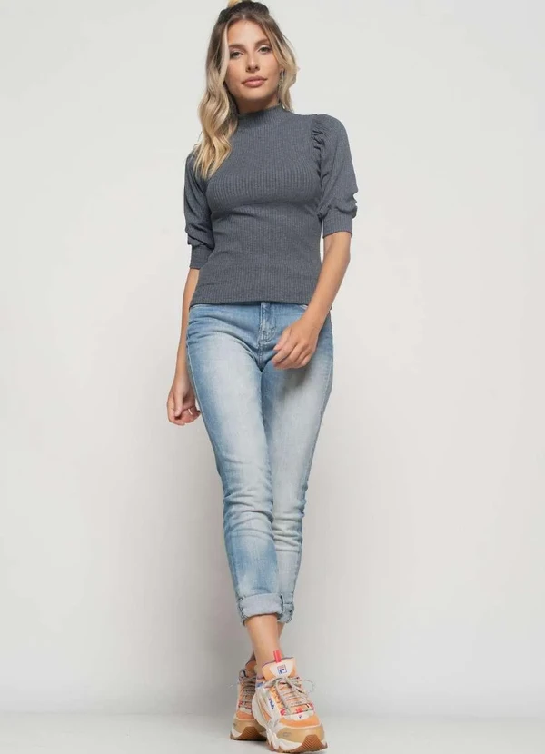 Salvatore Fashion - Blusa Princesa Manga Curta Canelada Fashion Cinza 2