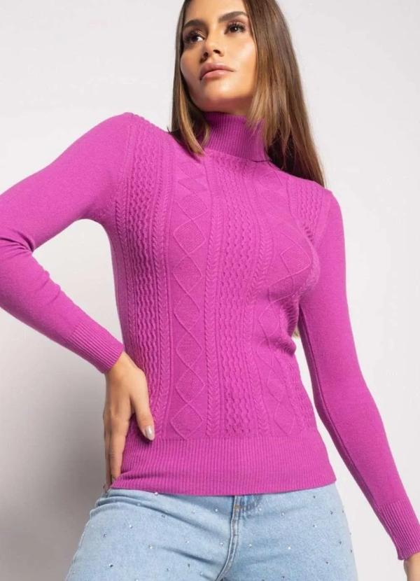 Salvatore Fashion - Blusa Tricot Gola Alta Manga Longa Losango Roxo