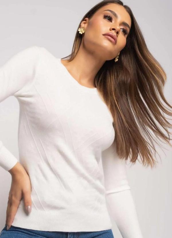 Salvatore Fashion - Blusa Tricot Gola Redonda Manga Longa Losango Branco