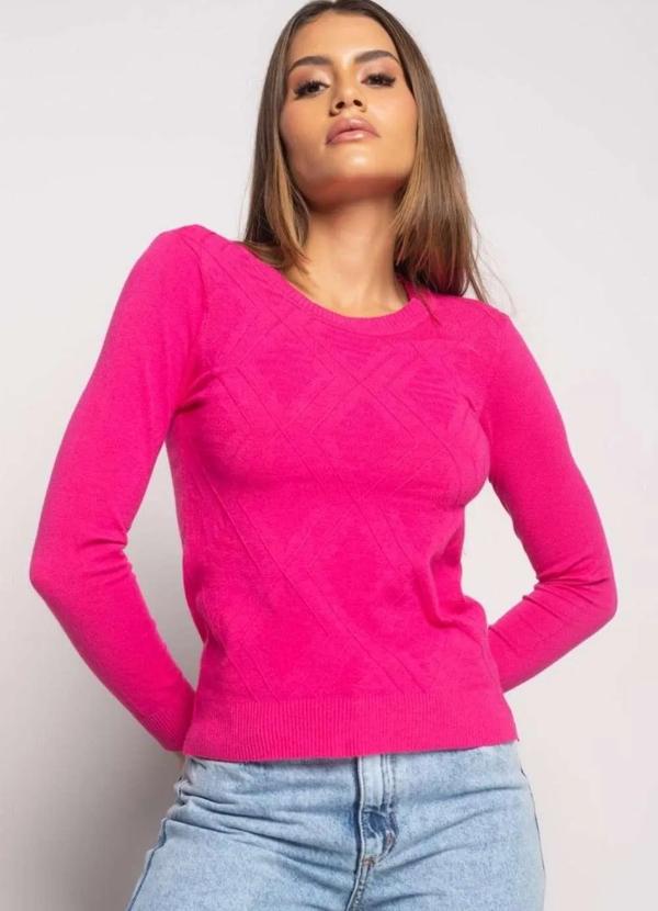 Salvatore Fashion - Blusa Tricot Gola Redonda Manga Longa Losango Rosa