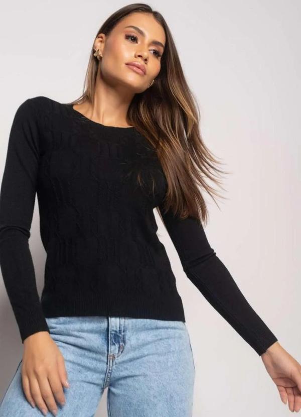 Salvatore Fashion - Blusa Tricot Gola Redonda Manga Longa Tramas Preto