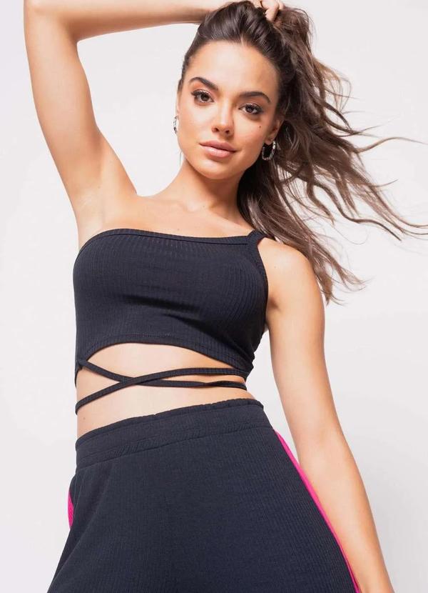 Salvatore Fashion - Cropped Ombro Único com Tiras Malha Canelada Fashion Preto