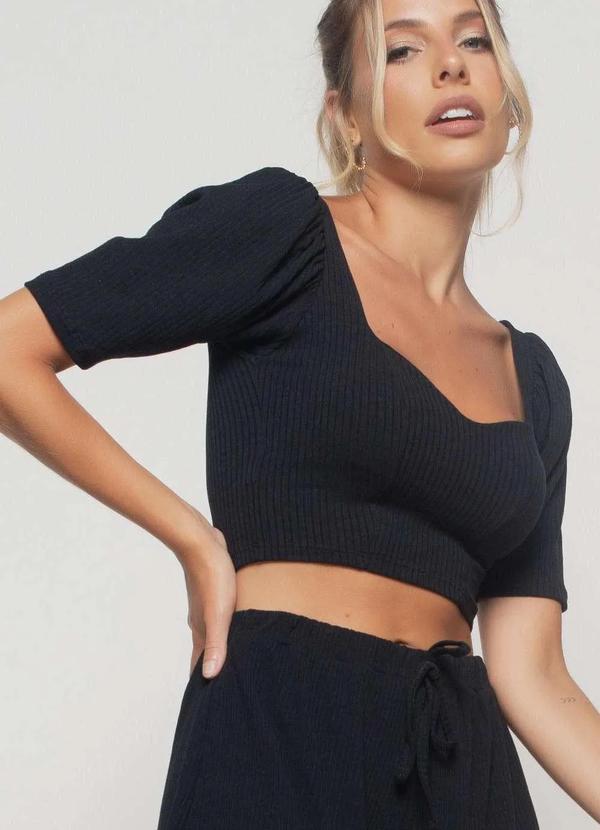 Salvatore Fashion - Cropped Princesa Decote Coração Malha Canelada Fashion Preto