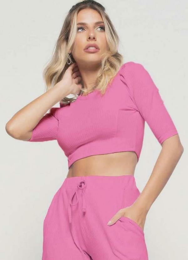 Salvatore Fashion - Cropped Princesa Gola Redonda Malha Canelada Fashion Rosa