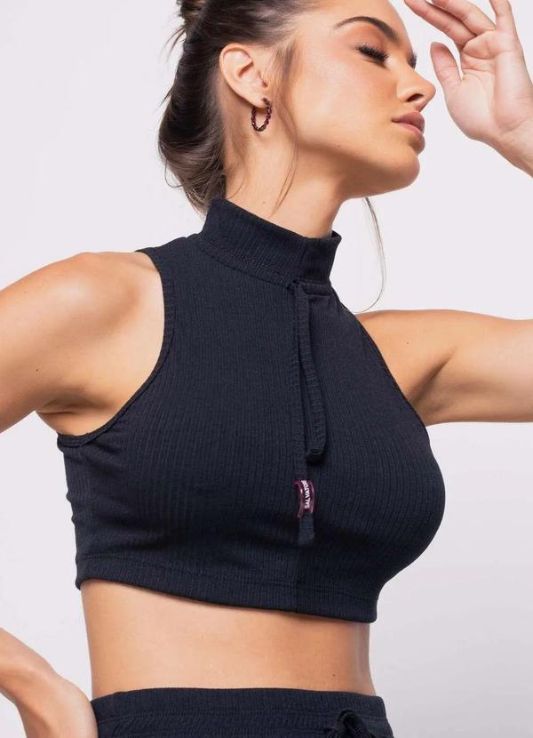Salvatore Fashion - Cropped Regata Sport Cadarço Gola Malha Canelada Fashion Preto