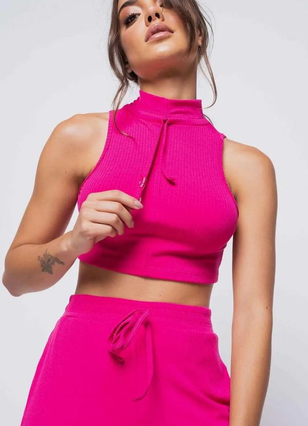 Salvatore Fashion - Cropped Regata Sport Cadarço Gola Malha Canelada Fashion Rosa
