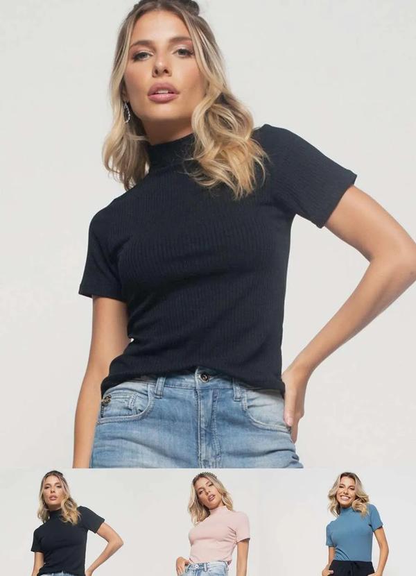 Salvatore Fashion - Kit 3 Blusas Gola Alta Comfy Malha Canelada Fashion Preto