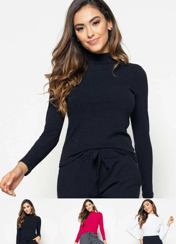 Salvatore Fashion - Kit 3 Blusas Gola Alta Manga Longa Malha Canelada Fashion Preto
