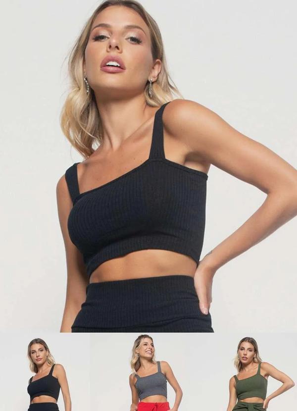 Salvatore Fashion - Kit 3 Croppeds Top Faixa Comfy Malha Canelada Fashion Cinza