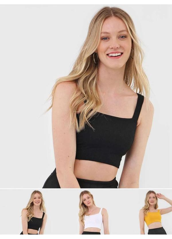 Salvatore Fashion - Kit 3 Croppeds Top Faixa Comfy Malha Canelada Fashion Preto