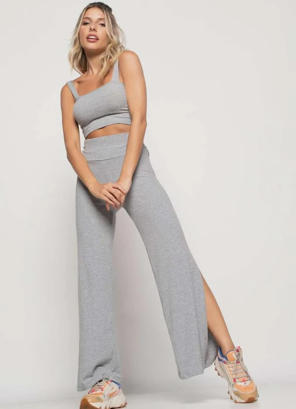 Salvatore Fashion - Calça Flare com Fenda Lateral Canelada  Fashion Cinza 4