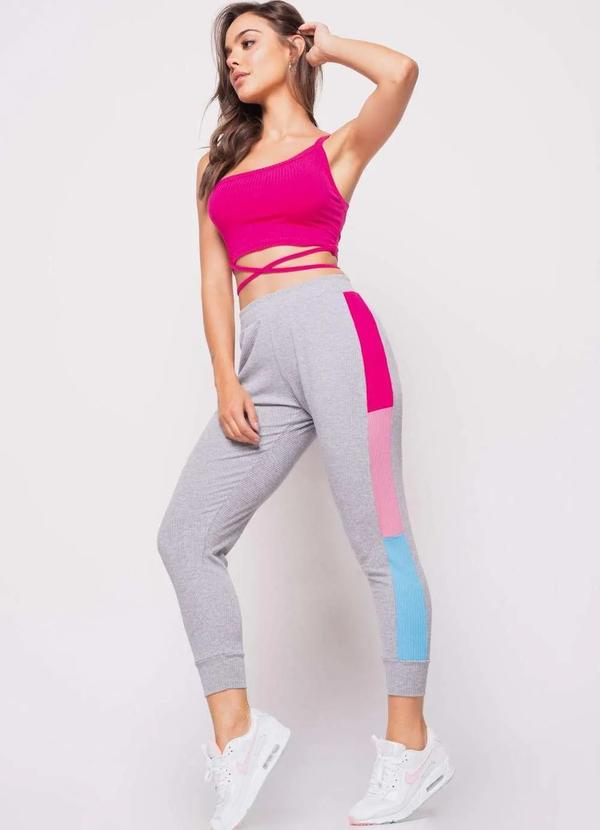 Salvatore Fashion - Calça Jogger Color Block Malha Canelada Fashion Cinza