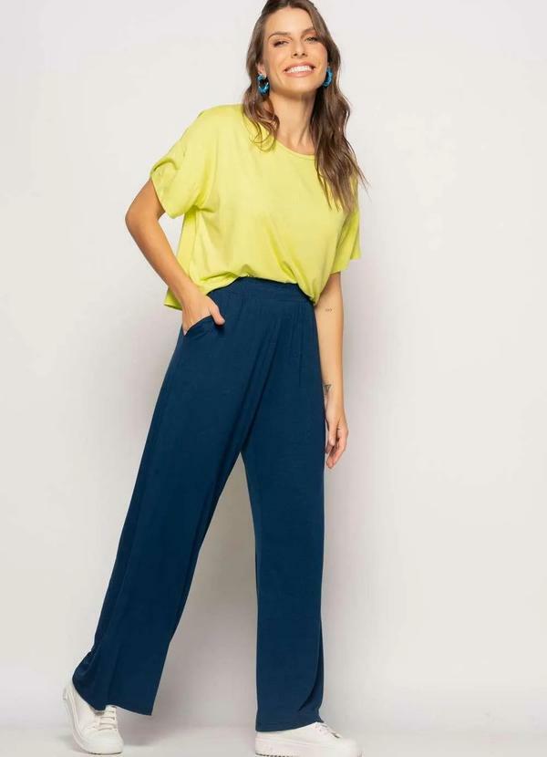 Salvatore Fashion - Calça Wide Leg com Bolso Malha Fashion Azul