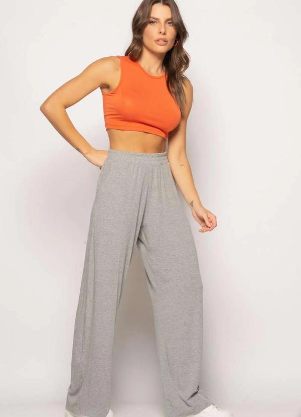 Salvatore Fashion - Calça Wide Leg com Bolso Malha Fashion Cinza
