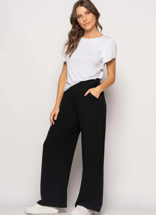 Salvatore Fashion - Calça Wide Leg com Bolso Malha Fashion Preto
