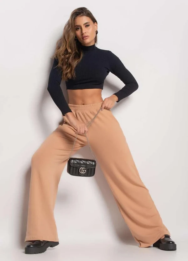 Calça Wide Leg com Bolso Moletinho Bege Salvatore Fashion