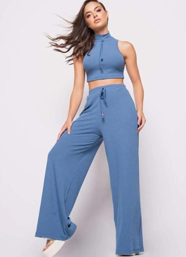 Salvatore Fashion - Calça Wide Leg Malha Canelada  Fashion Azul