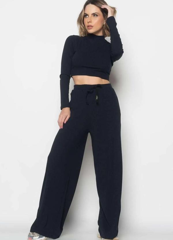 Salvatore Fashion - Calça Wide Leg Malha Canelada Fashion Preto