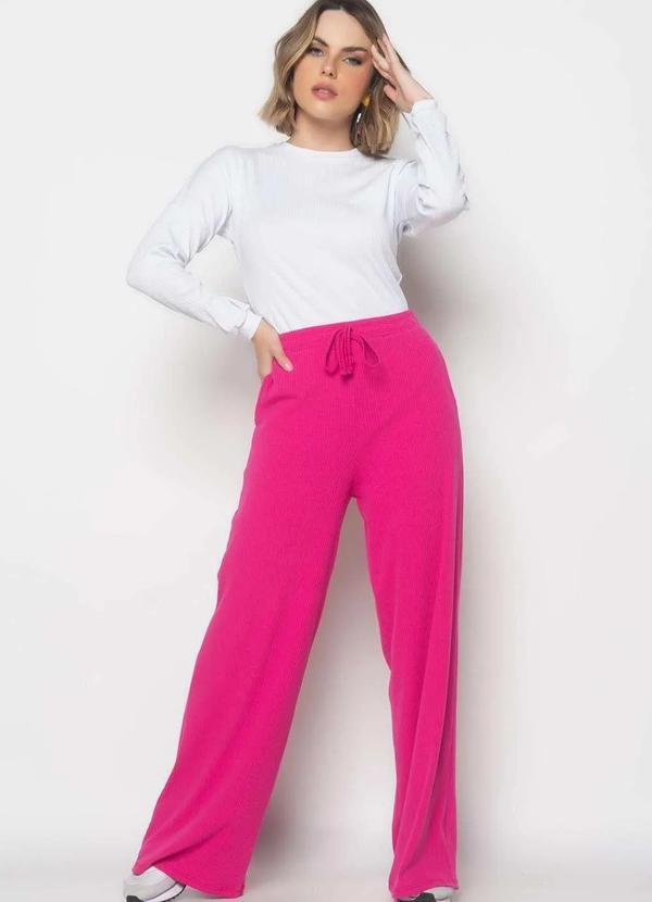 Salvatore Fashion - Calça Wide Leg Malha Canelada Fashion Rosa