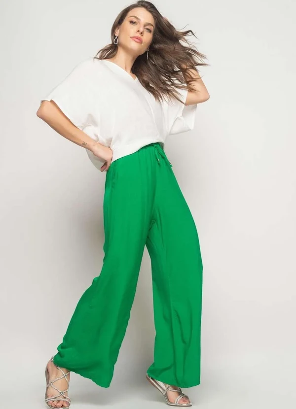 Salvatore Fashion - Calça Wide Leg Viscolinho com Bolso Fashion Verde