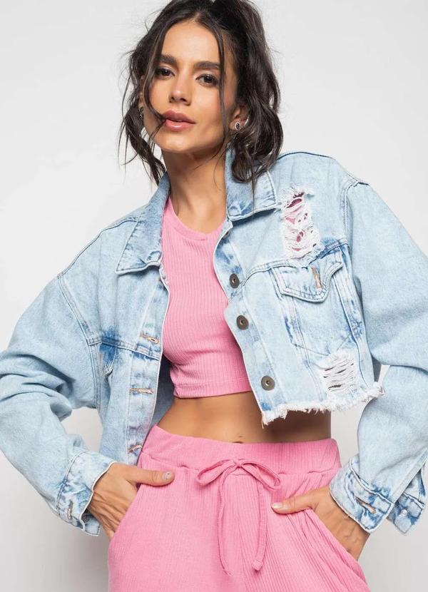 Salvatore Fashion - Jaqueta Jeans Cropped Oversized Fashion Azul