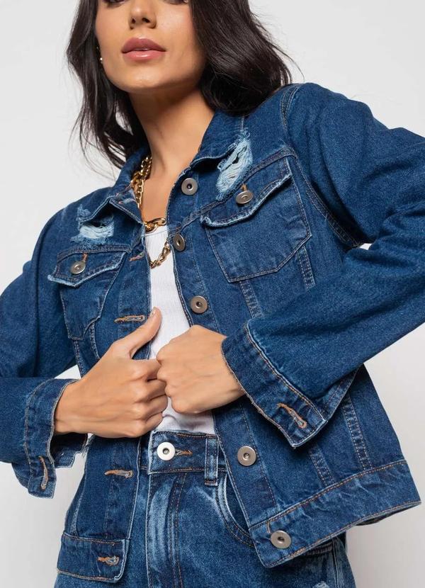 Salvatore Fashion - Jaqueta Jeans Escura com Rasgos Fashion Azul