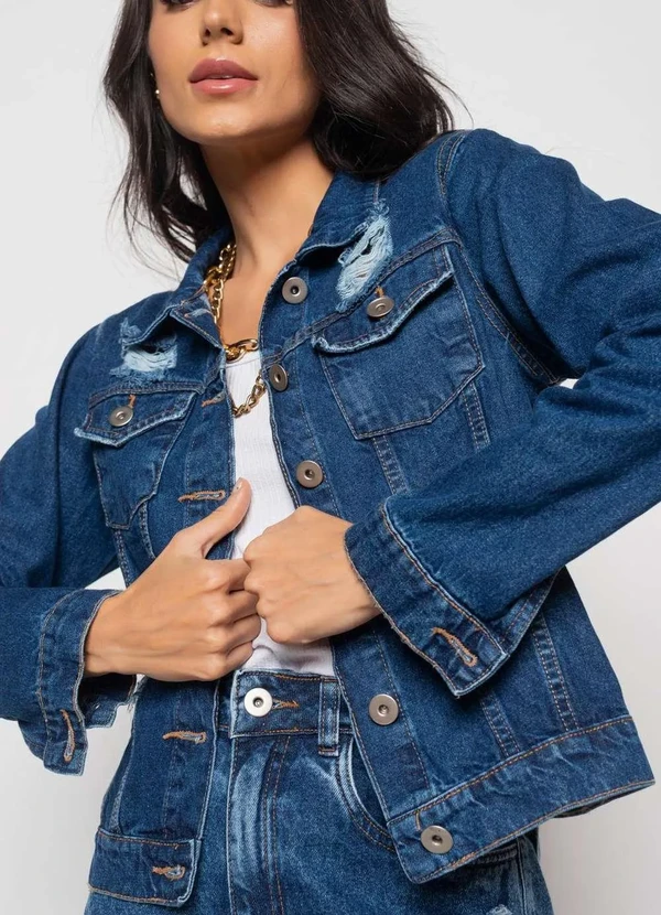 Salvatore Fashion - Jaqueta Jeans Escura com Rasgos Fashion Azul