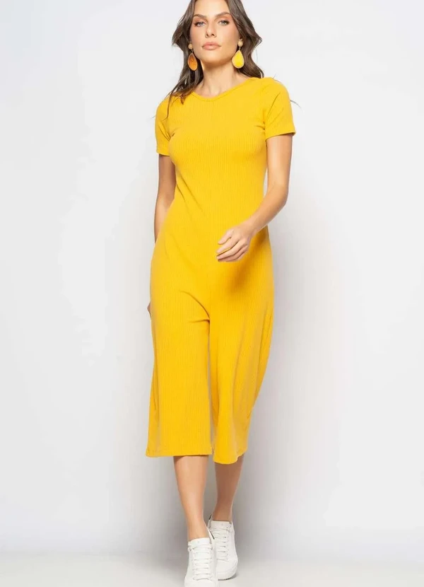 Salvatore Fashion - Macacão Pantacourt Manga Curta Costas em V Canelado Amarelo 3